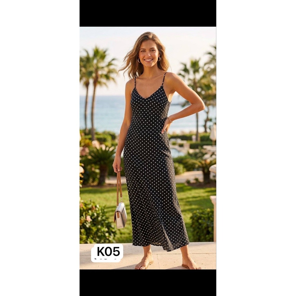 Old Navy Black White Polka Dot Midi Slip Dress Spaghetti Strap 90s Medium 90s